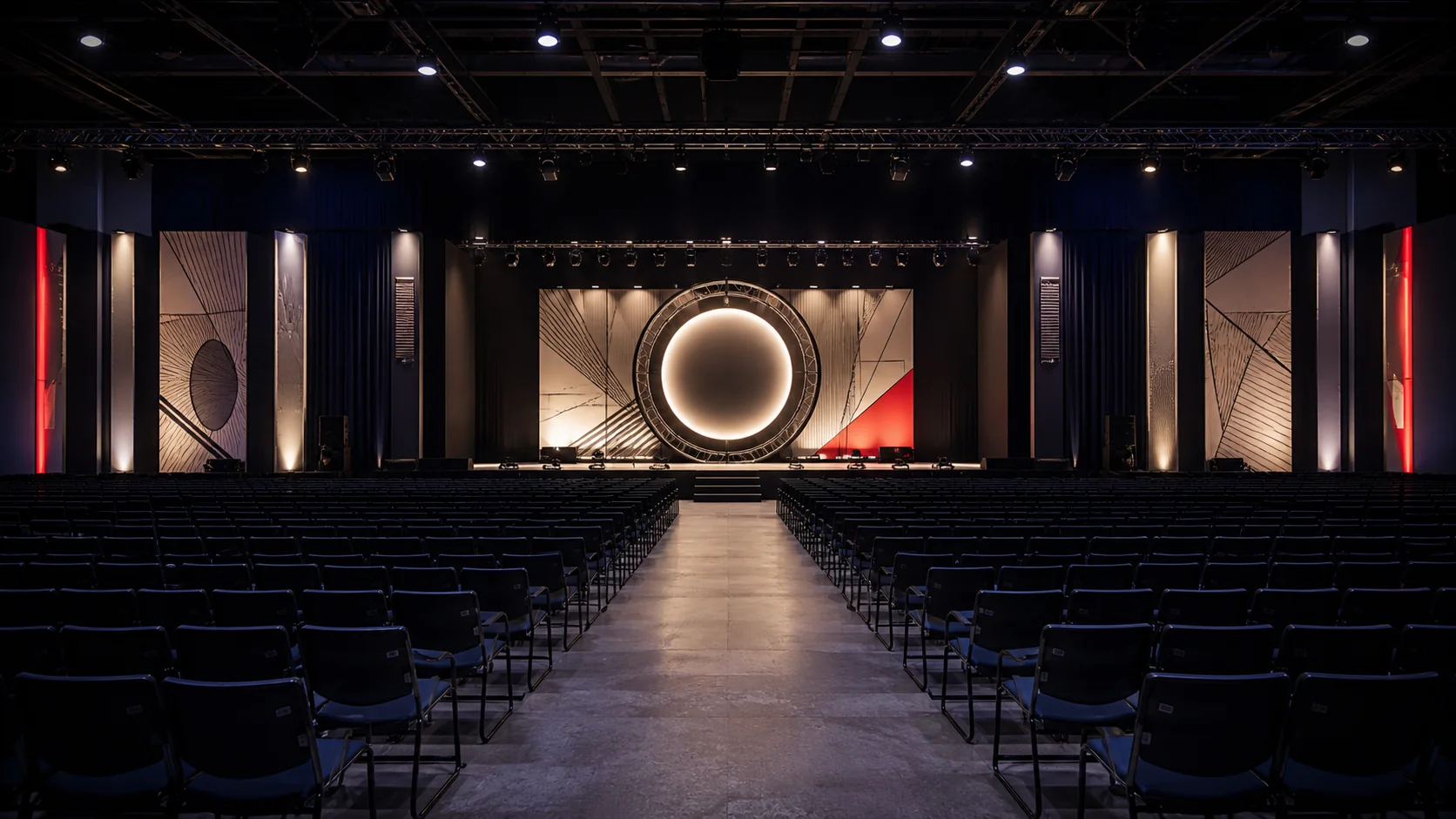 Salón de eventos vacío con escenario circular y butacas preparadas